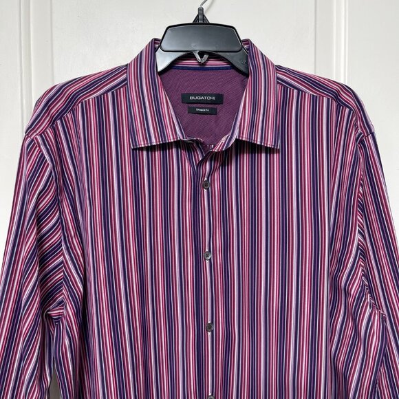 Bugatchi Mens Striped Button-Up Shirt In Shaped Fit Purple/Red XL - Picture 3 of 11